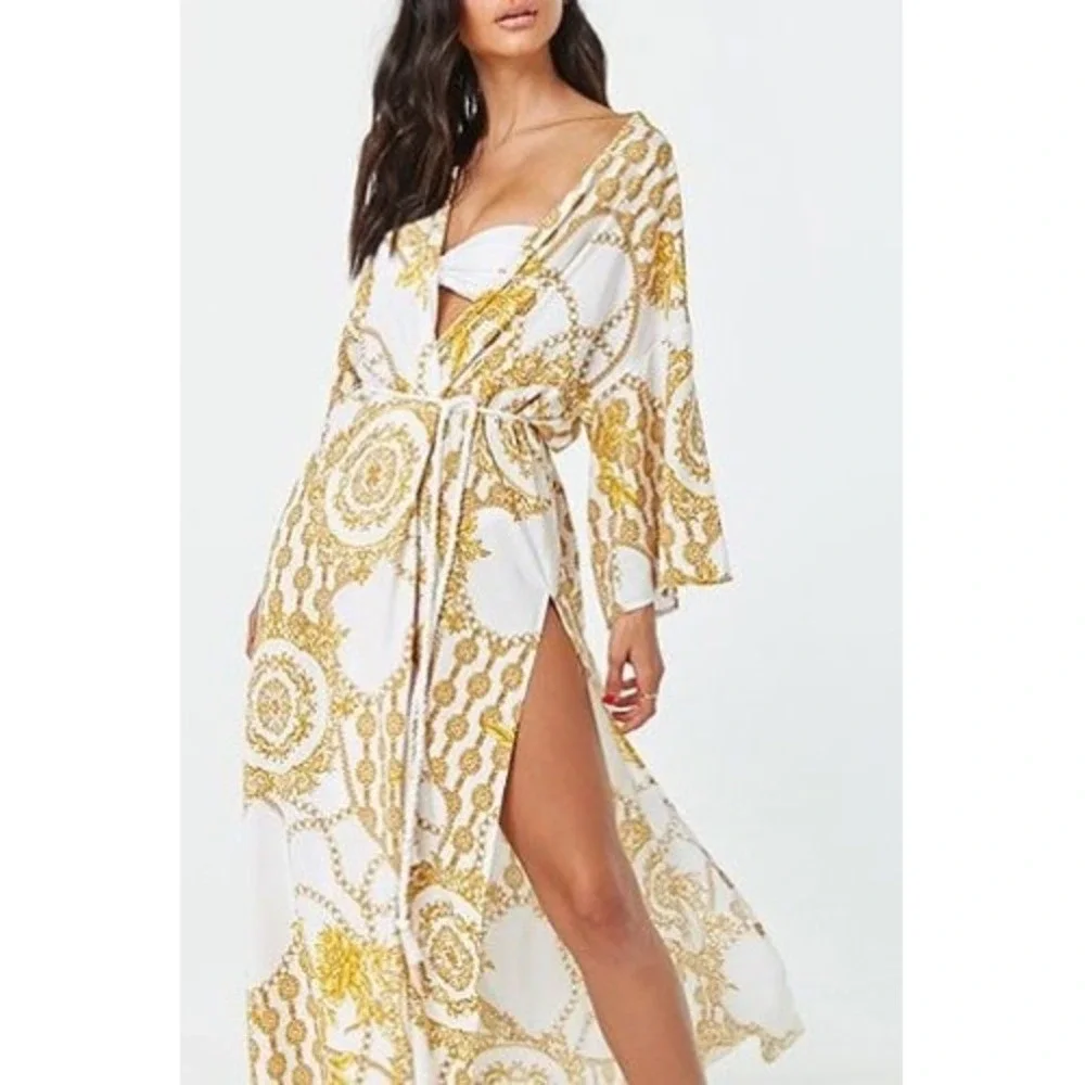 Forever 21 Baroque Chain Print Maxi Swim Cover Up White Gold Small NWT